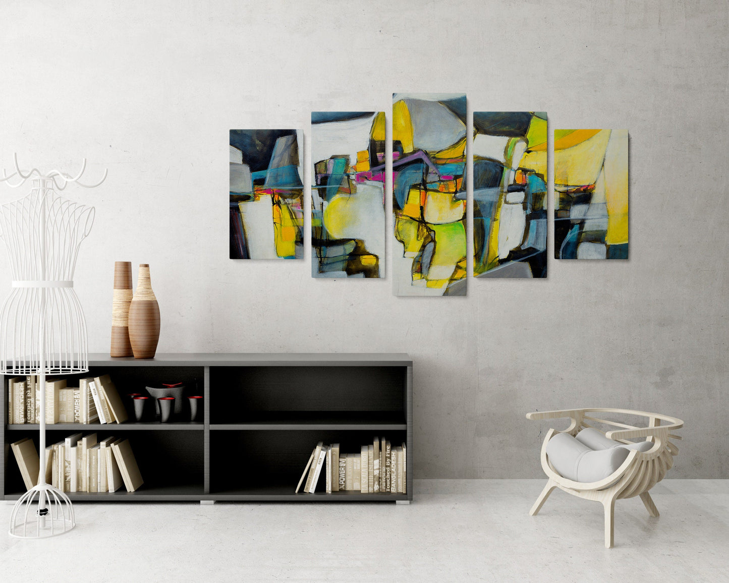 Abstract Wall Art Set Yellow And Green, 5 Piece Canvas Art, Wall Art Painting, Modern Wall Art, Wall Hanging, Oversized Paintings On Canvas