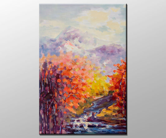 Abstract Oil Painting Autumn Landscape With Forest Hills And Creek, Modern Art, Paintings On Canvas, Large Canvas Art, Landscape Wall Art