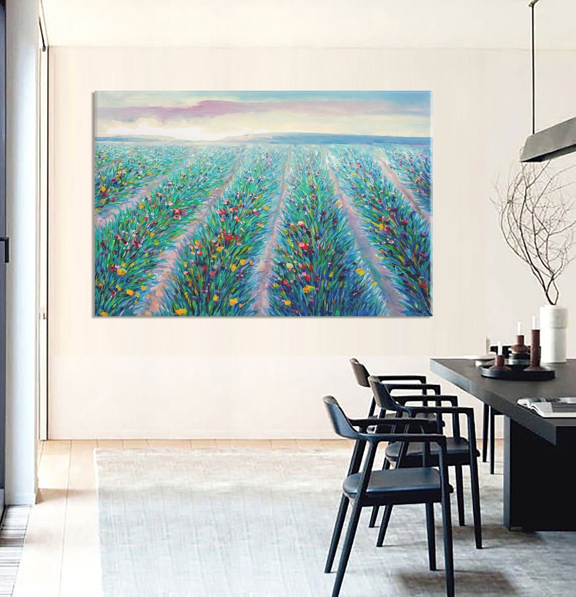 Original Oil Painting Spring Fields With Flowers, Abstract Artwork, Paintings On Canvas, Extra Large Painting, Abstract Landscape