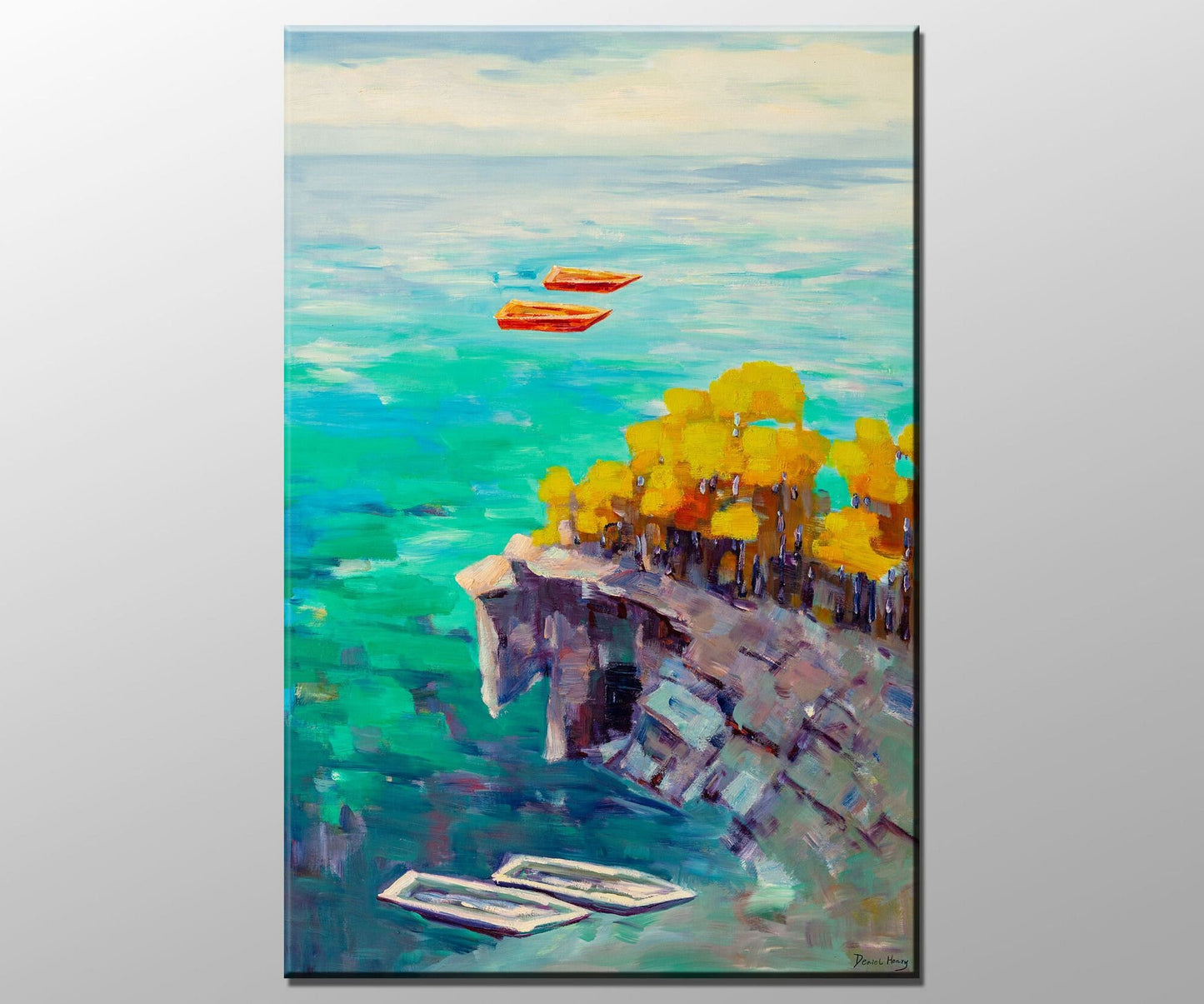 Original Seascape Oil Painting Fishing Boats By The Cliff, Retro Abstract Painting, Wall Art Painting, Extra Large Abstract Painting