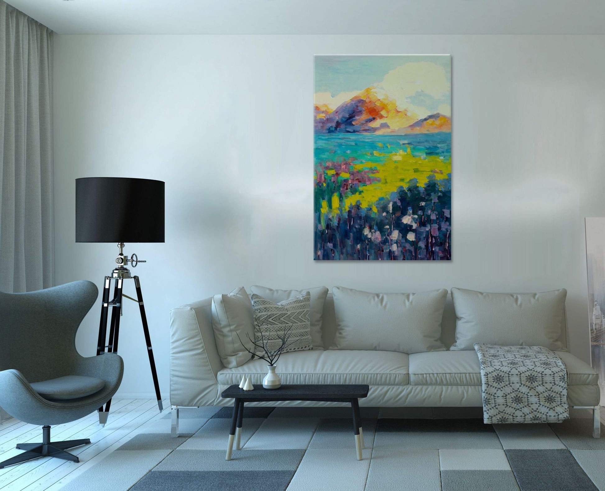 Original Oil Painting Spring Fields And Mountains, Abstract Wall Art, Paintings On Canvas, Extra Large Abstract Painting, Abstract Landscape