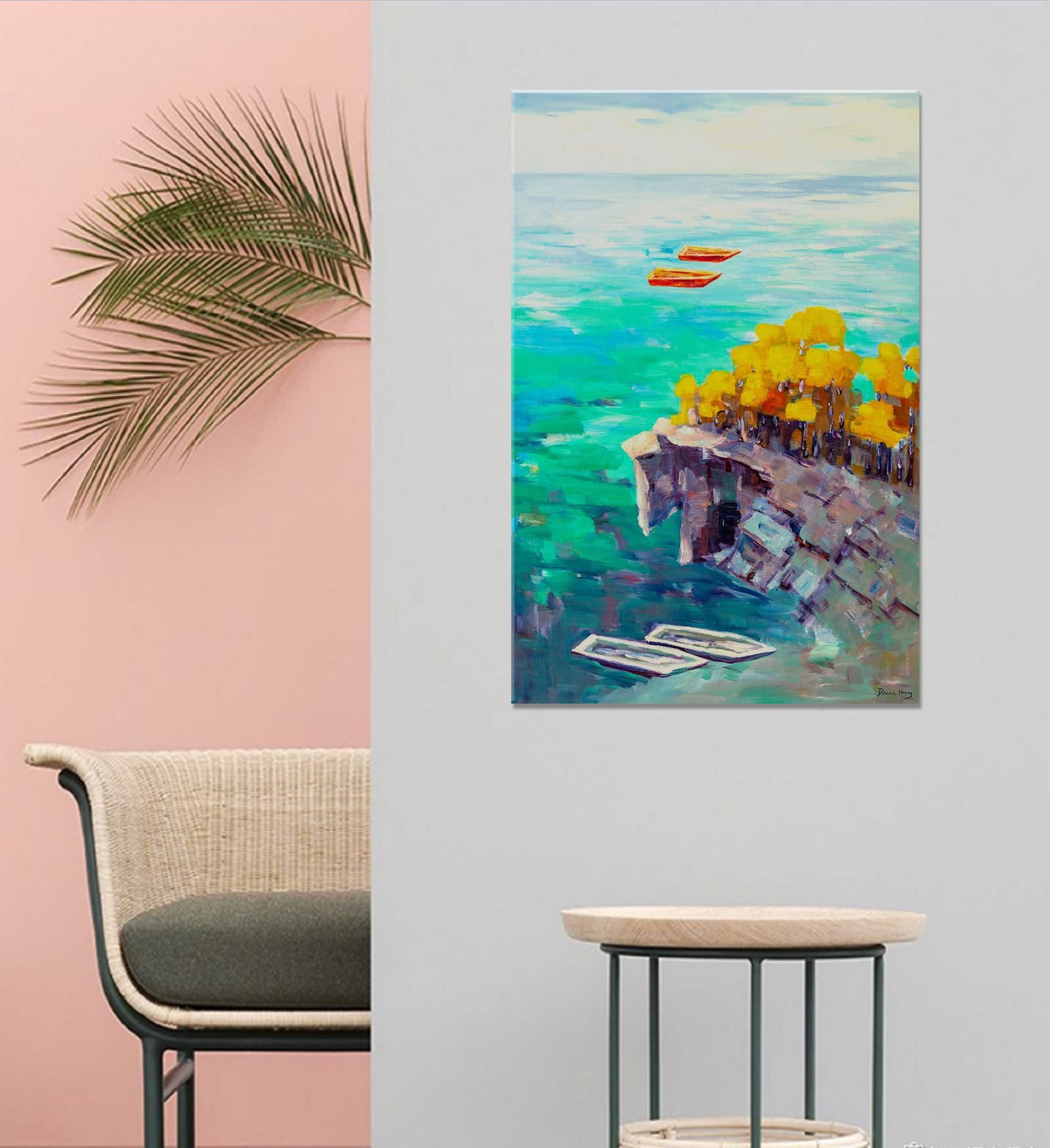 Original Seascape Oil Painting Fishing Boats By The Cliff, Retro Abstract Painting, Wall Art Painting, Extra Large Abstract Painting