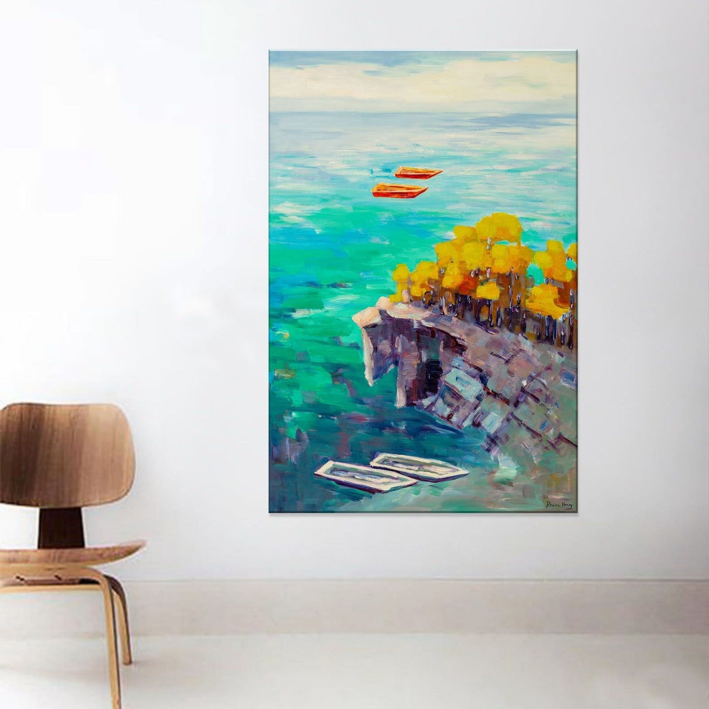 Original Seascape Oil Painting Fishing Boats By The Cliff, Retro Abstract Painting, Wall Art Painting, Extra Large Abstract Painting