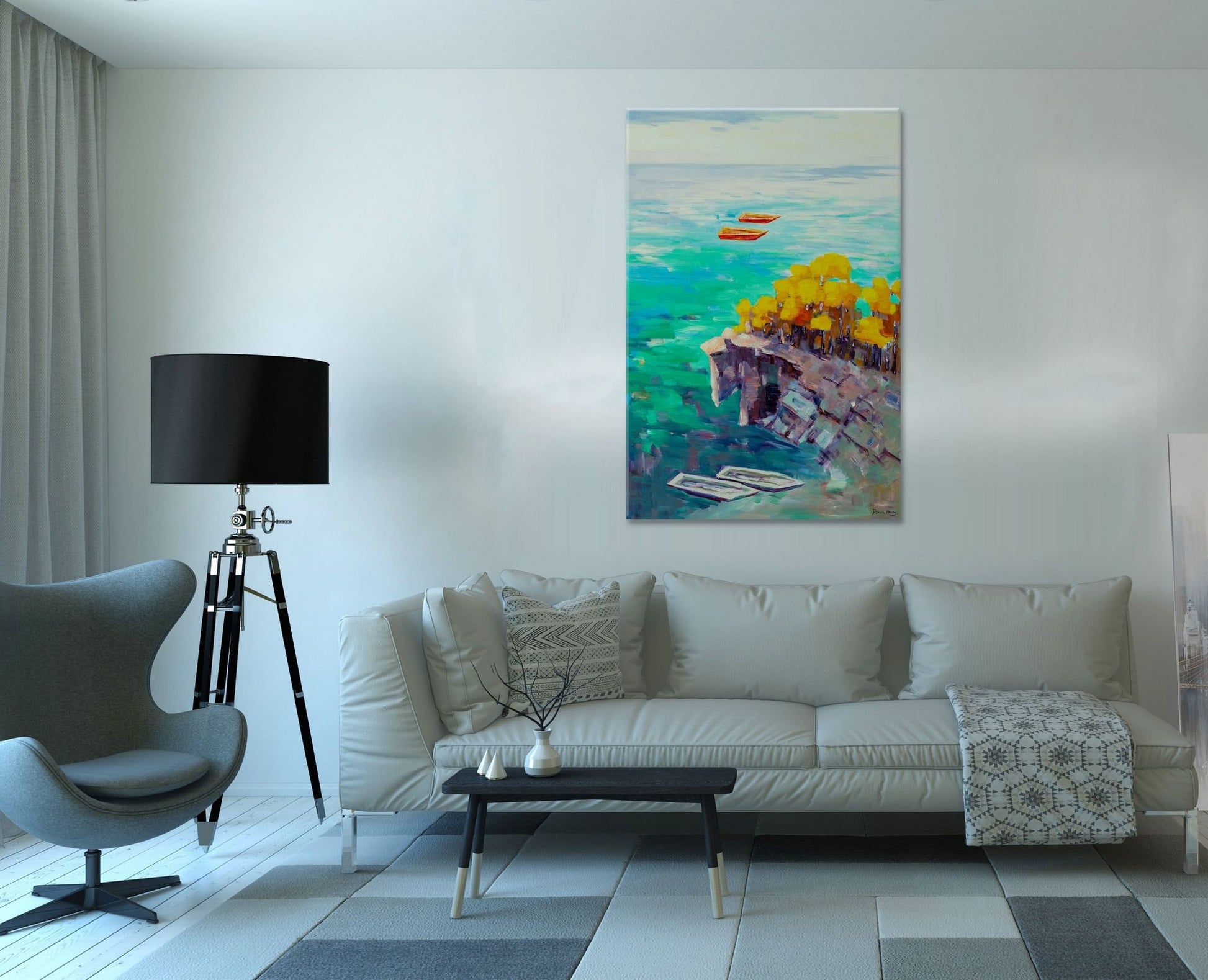 Original Seascape Oil Painting Fishing Boats By The Cliff, Retro Abstract Painting, Wall Art Painting, Extra Large Abstract Painting