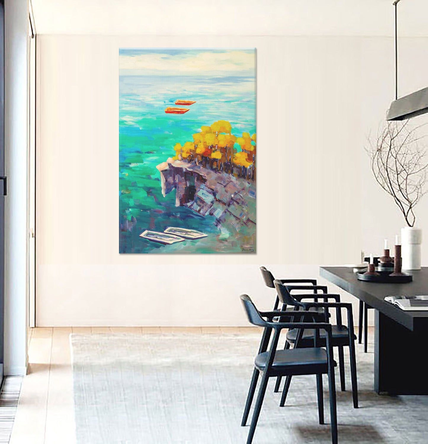 Original Seascape Oil Painting Fishing Boats By The Cliff, Retro Abstract Painting, Wall Art Painting, Extra Large Abstract Painting