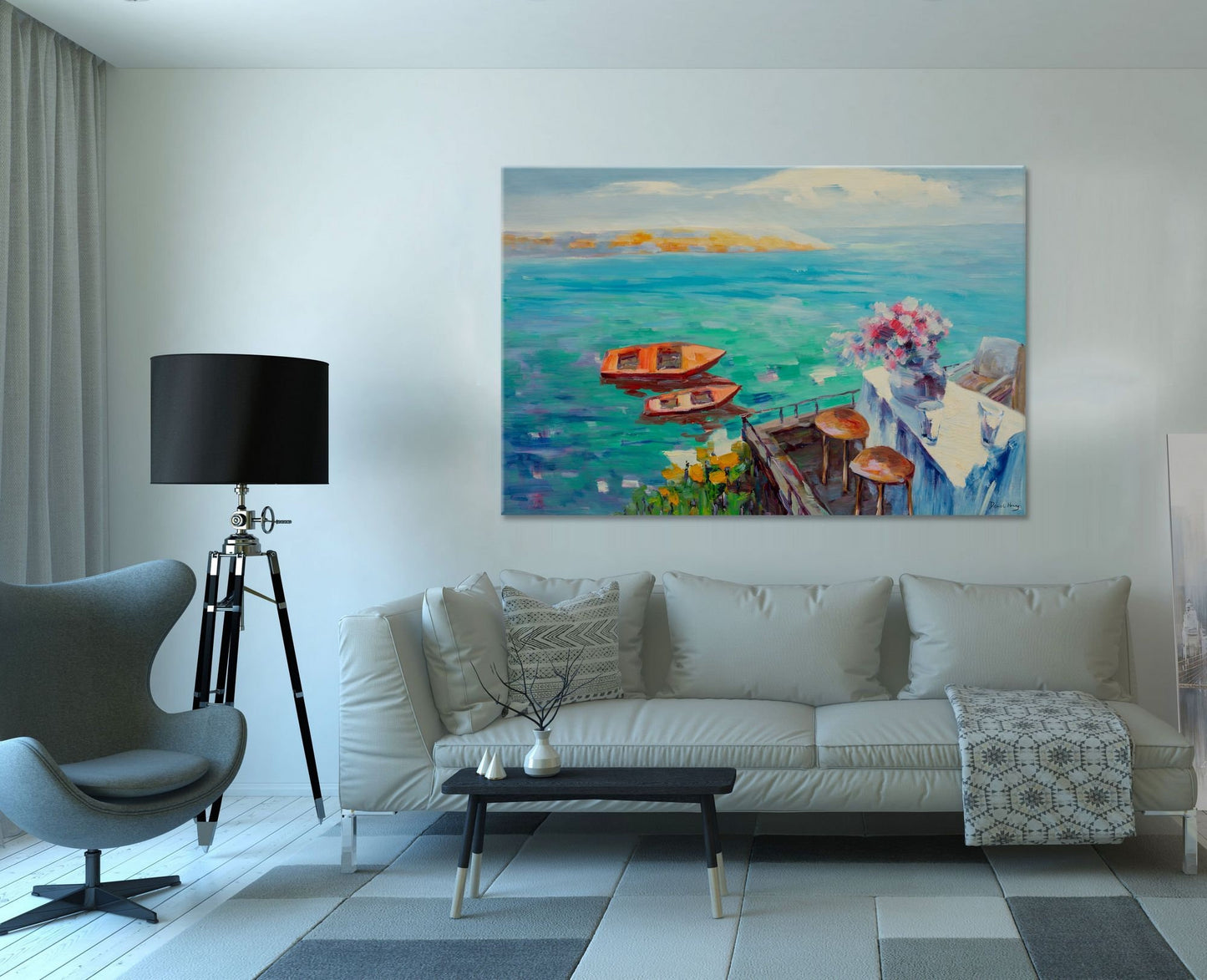 Original Seascape Oil Painting Garden By The Sea, Bright Abstract Painting, Oil On Canvas Painting, Extra Large Painting, Abstract Landscape