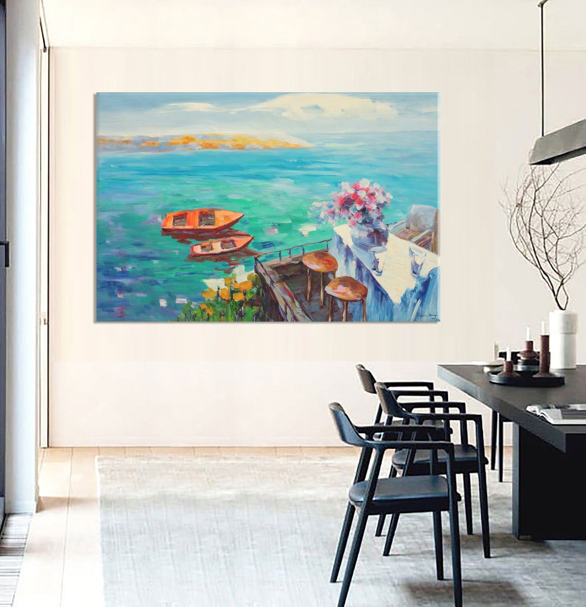 Original Seascape Oil Painting Garden By The Sea, Bright Abstract Painting, Oil On Canvas Painting, Extra Large Painting, Abstract Landscape